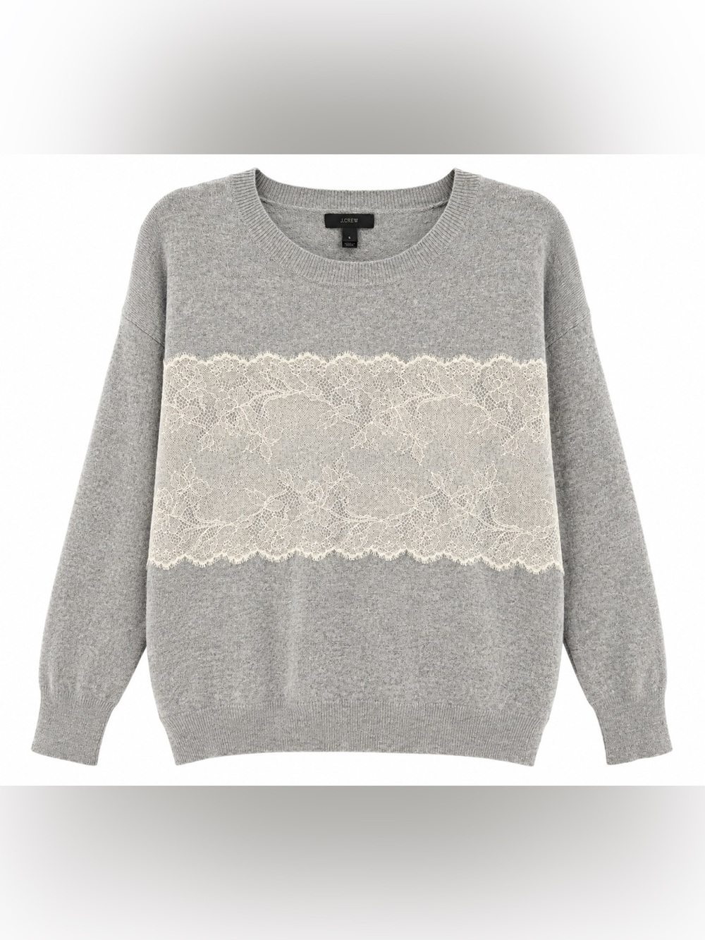 J.Crew Gray Wool Blend Sweater Ivory Floral Lace Panel Size Small